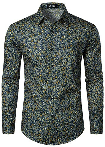JOGAL Mens Regular fit Floral Dress Shirt Long Sleeve Printed Casual Button Down Shirts Navy Floral Small
