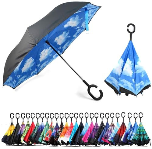 CICILIAYA Double Layer Folding Inverted Umbrella, Self Stand Upside-down Rain Protection Car Reverse Umbrellas with C-shaped Handle Big Straight Umbrella (Blue 3)