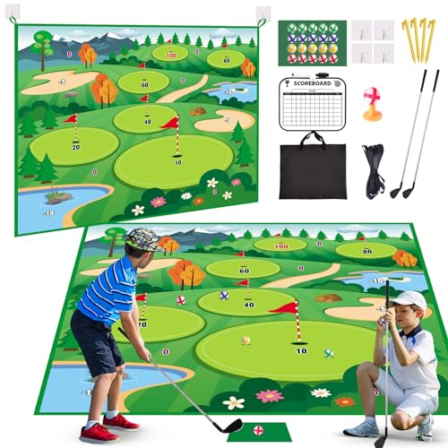 Vatos Golf Abschlagmatte Spiel mit 2 Clubs, 70 x 70 Golf Praxis Matten Golf Training Matte Indoor Outdoor für Kinder Erwachsene Familie, Golfmatte mit 20 Bälle und 1 Score Board Golf Set