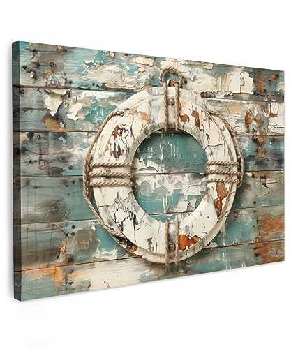 MuchoWow© Leinwand 90x60 cm Deko Schlafzimmer Aesthetic Leinwandbilder Wohnzimmer Gemälde Foto Geschenk Living Room Decoration Maritime - Boje - Rettungsring - Holz - Maritim