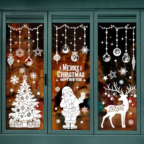AFXXE 104 Pcs Negozi Vetrofanie Natalizie Grandi,10 Fogli Bianche Adesivi Natalizi per Finestre Riutilizzabili,PVC Addobbi Natale per Vetrine,Adesivi Vetro Natale per La Decorazioni di Vetri/Finestre