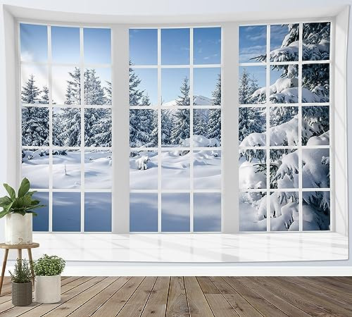 LB Wandteppich Winter Wandtuch Schneewald nach Berg Wandbehang Naturlandschaft aus dem Fenster Tapisserie für Wohnzimmer Schlafzimmer Wohnheim Wanddeko,200Bx150H cm