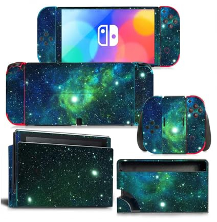 Aufkleber für Nintendo Switch OLED-Konsole und Controller, Vinyl-Aufkleber, Schutzzubehör für Nintendo OLED (grüner Sternenhimmel)