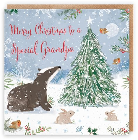 Hunts England - Dachs Opa Weihnachtskarte – Natur's Treasures – Happy Animal Wildlife Fun Cute Merry Xmas Karte – Schnee, Rotkehlchen, Kaninchen – für Ihn, Männer