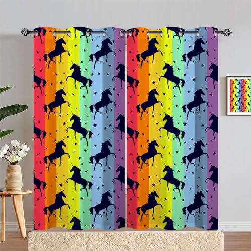 ANHOPE Bunte Regenbogen Einhorn Vorhänge mit Ösen Kinder Mädchen Gardinen Blickdichte Thermo Vorhang Blackout Curtain Schlafzimmer Wohnzimmer Verdunklungsvorhänge 2er Set H 214 x B 117 cm