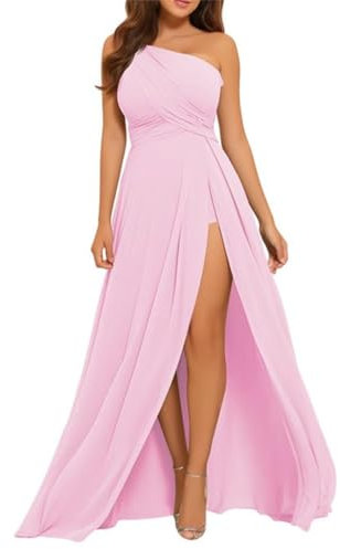 WSEYU Robes de demoiselle d'honneur asymétrique avec fente en mousseline de soie longues robes formelles avec poches Robe de demoiselle d'honneur, rose bonbon, 36