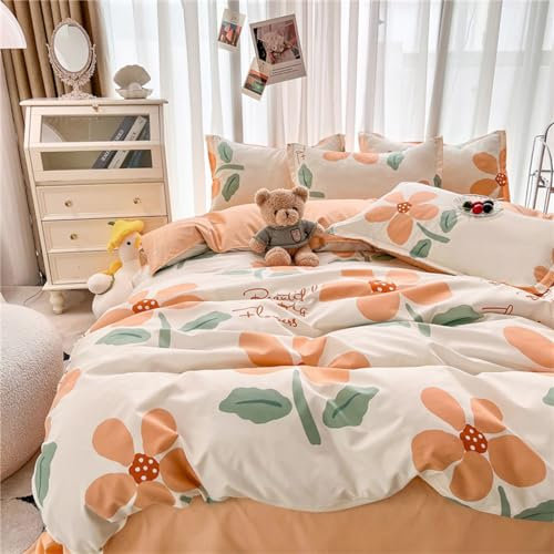 Odot Bettwäsche-Sets 4teilig, Einzelbett Doppelbett Bettwäsche Set mit Bettbezug, Bettlaken & Kissenbezüge, Mikrofaser Bettbezug Set für Erwachsene Teenager Kinder (200x230cm,Orange Blumen)