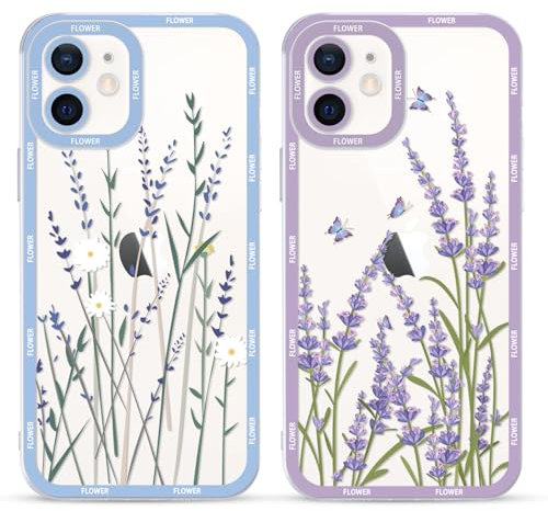 Foonary 2 Pack Clear Flower Set Suitable for iPhone 12 mini Transparent 5.4, Phone Case With Lavender Beautiful Fun Aesthetic Pattern Cover, Soft TPU Silicone Shockproof Protective Box