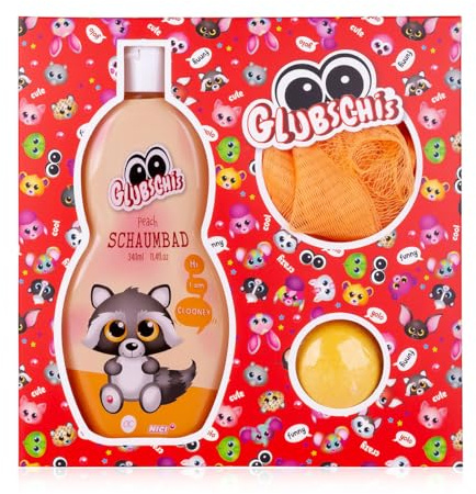 Accentra - Badeset GLUBSCHIS in Geschenkbox, inkl. 340ml Schaumbad, 100g Badebombe und Netzschwamm, Motiv Clooney – Geschenk Set für Mädchen oder Jungen zum Geburtstag oder Weihnachten