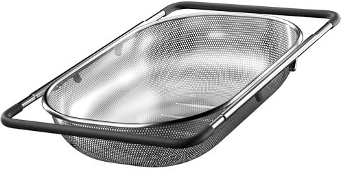 Over the Sink Colander - Strainers and Colanders - Sink Strainer Basket - Expandable Fine Mesh Strainer with Rubber Grip for Veggie, Fruits, Pasta, Home Kitchen Essentials (9.5W x 13.4-21.3L x 3.3H)