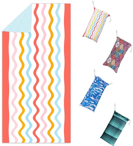 Neues Beidseitig Bedrucktes Strandtuch Mikrofaser 90x180 cm | Sandfreie & Ultraleicht & Schnelltrocknend | Strandhandtuch Groß mit Tasche Druckknopf Handtuch Badetuch Reisehandtuch Strandtücher