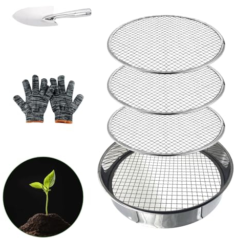 Setaccio da giardinaggio rotondo in acciaio inox con pala, guanti, accessorio per sostituire setaccio, filtro 3 tipi di sabbia di diametro 3,6,9 mm, setaccio da giardino per terreno semina, sabbia,