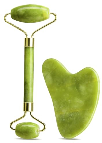 URAQT Gua Sha und Gesichtsroller, Grün Guasha Stein Gesichtsmassagegerät Skincare, Jade Roller Fördert die Aufnahme, Verbesserung Von Feinen Linien, Skin Care, Geschenke zum Valentinstag