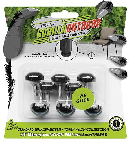Slipstick Gorilla Weatherproof Screw-in Leg Glides (8 Pack) for Chairs, Tables, and Outdoor Furniture Feet, 7/8 Inch Nylon Spherical, M6 Thread