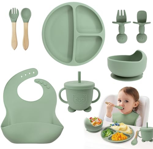 Set de Vaisselle pour Bébé avec Ventouse - Assiette Bébé 1er Âge Compartimentée, Couverts d'Apprentissage, Bavoir et Plus - 8 Pièces Sans BPA
