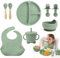 Set di Piatti per Bambini - Set di Stoviglie in Silicone Antiscivolo con Ventosa, 8 Pezzi Senza BPA con Cucchiaio, Forchetta, Ciotola, Bavaglino, Bicchiere, Tazza da Allenamento e Piatto