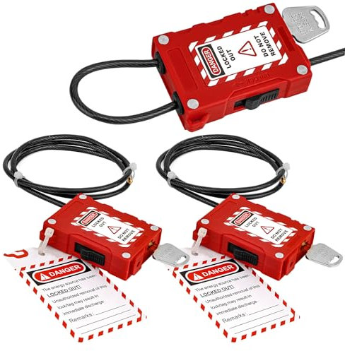 3 Sets Red Lockout Tagout Cable Lock, Adjustable Lockout Tagout Steel Cable PVC Coating Stainless Steel Cable for Lock Out Tag Out