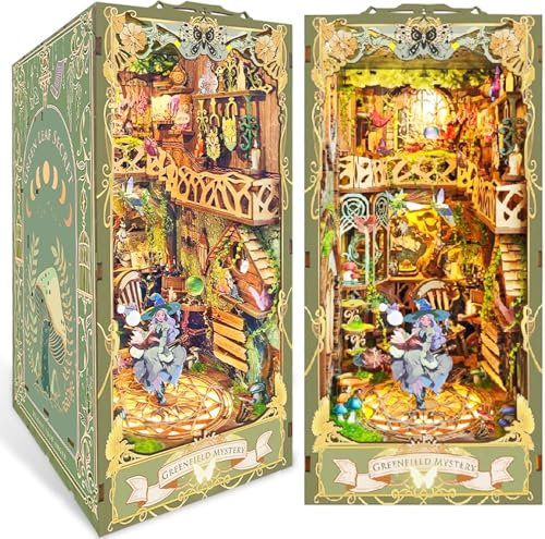 fisca Book Nook Kit,DIY Miniatur Puppenhaus Bausatz,Bücherregal Deko mit Licht,Bücherecke Bücherregal Einsatz Dekor,Holz Puzzle Buchstütze für Erwachsene & Jugendliche (Geheimnis Greenfield)
