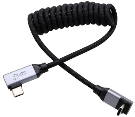HangTon USB Type C USB-C 20Gbps PD100W 4K60 Data Power Video Cable for Samsung SSD BMPCC ZCAM R5 R6 A7C FX3 Camera iPhone 15 Phone Laptop Monitor, Up Right Angled Braided Coiled 30cm