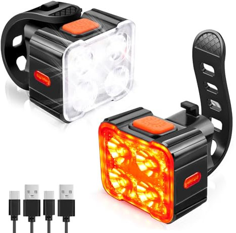 Ainiv 4PCS Luces Bicicleta Delantera y Trasera, Luz Bicicleta Recargable USB, 8+9 Modos de Iluminación, Linterna Bicicleta Luz para Bicicleta para Ciclismo Nocturno, Camping, Mochila y Seguridad Vial