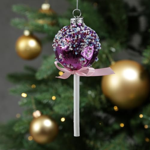 Weihnachtsbaumschmuck Lolli Cake Pop mit Zuckerperlen Glas Christbaumschmuck (Lila)