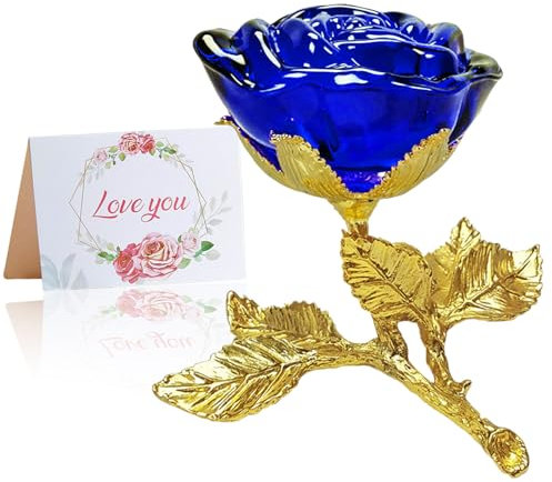 Rose en cristal bleu avec tige dorée, rose en verre 3D, cadeau pour elle, rose en cristal K9 avec carte de souhait, fleur éternelle pour femme, pour anniversaire, fête des mères, mariage,