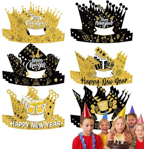 Zvn Zojne Happy New Year Hüte – schwarze und goldene Kronen-Papierhüte | 18 Stück Neujahrs-Kopfbedeckung mit elastischem Seil | niedliche Silvesterhüte | Schwarz und Gold Tiara für Jungen, Mädchen