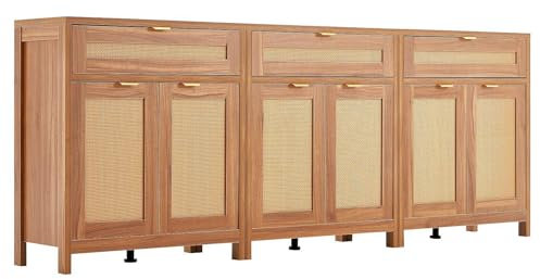 VEVOR Rattan Cabinet, Set of 3, Rattan Storage Cabinet with 6 Magnetic Doors and 3 Drawers, Sideboard Buffet Cabinet with Adjustable Shelves, Ideal for Hallway, Entryway,Living Room,or Kitchen,Natural