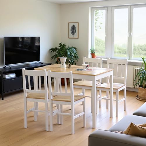 FURNITABLE Esstisch mit 4 Stühlen, Essgruppe Kiefer Holz für Esszimmer, Küche, Wohnzimmer, Braun und Weiß