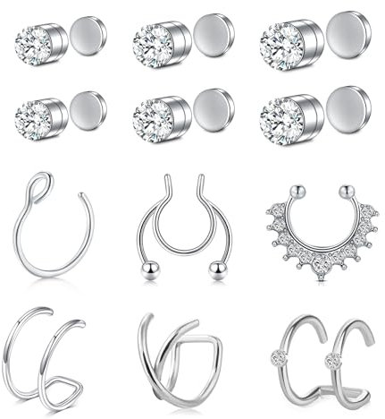 AVYRING Fake Nasenring Silber Nasenstecker Non Piercend Magnetischer Nasenring Septum Lippen- und Ohrringe Edelstahl Falsche Nasenreifen für Nasenpiercing Schmuck für Frauen Männer