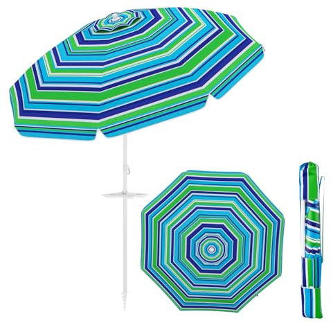 COSTWAY Ombrellone da Spiaggia 200 x 220 cm, Ombrellone da Mare con Inclinazione Regolabile, con Vassoio, 8 Stecche, Protezione UV, Impermeabile, Borsa di Trasporto (Verde)