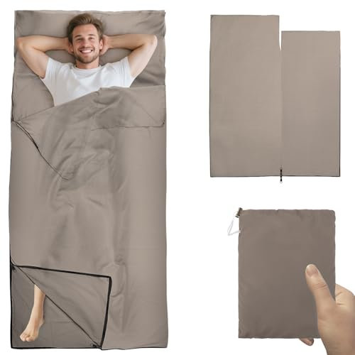 Saco de Dormir de Verano para Cabaña, 220 x 90 cm Saco de Dormir Ultraligero,Cremallera Bidireccional, Tamaño Pequeño, Color Beige