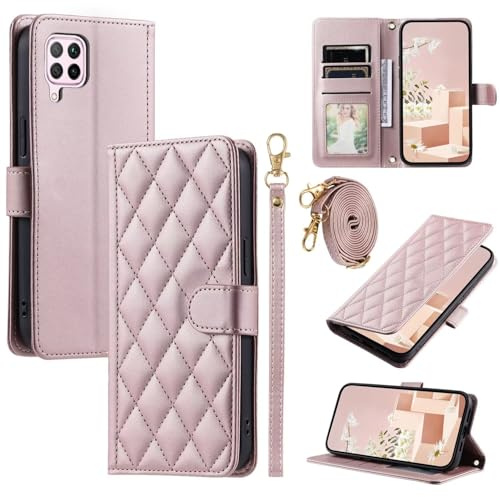 Handyhülle für Huawei P40 lite Hülle mit Band Klappbar,Premium Leder Klappbar Tasche Flip Case Magnet Kartenfach Standfunktion Klapphülle Schutzhülle für Huawei P40 lite(Pink)