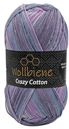 Wollbiene Crazy Cotton Batik 100 Gramm mit Farbverlauf 55% Baumwolle mehrfarbig Multicolor Strickwolle Häkelwolle Wolle Ganzjahreswolle (3299 lila beere grau)