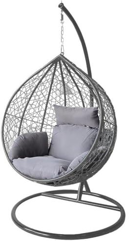 Alivio Rattan Hanging Egg Chair - Large Basket Chair with Cushions, Swing Egg Chair for Indoor Outdoor Patio Garden 203 x 120cm, Weather Resistant Free Standing Egg Chair (Grey)