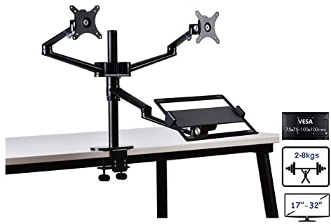 Monitor arm, Aluminium Höhenverstellbarer Desktop Dual 17-32 Zoll Monitorhalter + 12-17 Zoll Laptophalter Ständer Full Motion Triple Mount Arm(Noir)