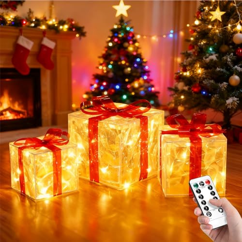 FainFun 3er Set Led Geschenke Weihnachten Deko, Geschenkboxen mit Timer und Fernbedienung, Weihnachts Deko Boxen mit Warmem Licht für Weihnachten, Weihnachtsbäume, Fensterbänke, Balkone und Gärten(3D)