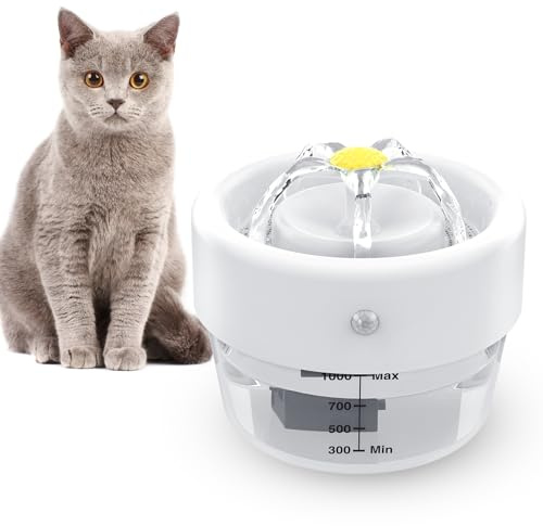 Katzenbrunnen Trinkbrunnen für Katze,1L Katzenbrunnen Kabellos mit 0–3 m/120° Bewegungsmelde, Batteriebetrieben Katzentrinkbrunnen, Leise Wasserpumpe wasserbrunnen für Katzen Cat