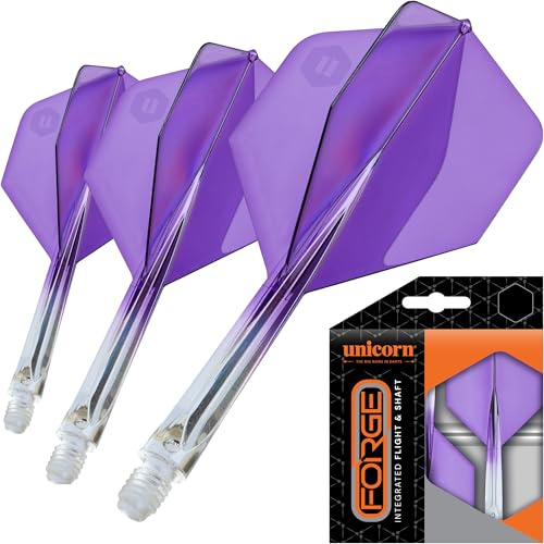Unicorn Forge integrerade dartflyg och axlar | 1 st design för perfekt 90 grader fena vinkel | Lätt tuff polymer | Plus form & standard 2BA-tråd | Medium stam 26 mm | Klar & lila | Set med 3
