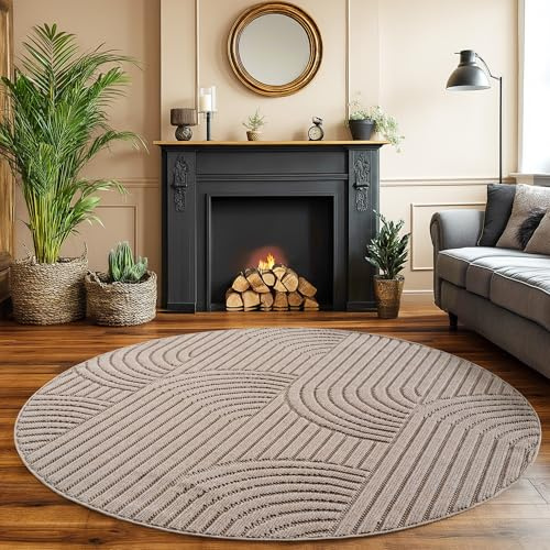 SIMPEX Teppich Rund 120 cm Beige Boho Design Bouclé Schlingenflor Skandi Stil Modern Weich Strapazierfähig Pflegeleicht runder Teppich für Wohnzimmer Esszimmer Schlafzimmer