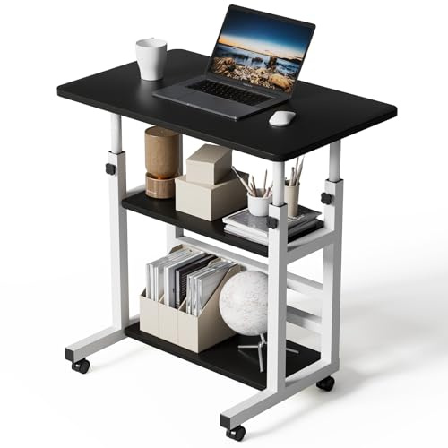 Warmiehomy Adjustable Height Computer Desk with Wheels 60x37x60-90cm, Black | C Shaped Desk with 2 Shelves. Mobile Laptop Table with Wheels. Overbed Table for Bedroom, Sofa, Home Office, Living Room.