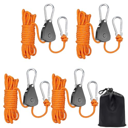 4PCS Reflective Tent Guy Ropes, 6 mm TentCamping Cord with Pulley, 5M Heavy-Duty Guide Buckle Rope with Aluminum Adjuster, TentGuy Ropes for Awning Outdoor TentTarp Gazebo Hiking Awning Picnics- OG
