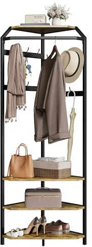 Garvee Porte-Manteau d'Angle Avec 3 Étagères et Banc à Chaussures, Porte-Manteau à Poser Avec 12 Crochets, Étagère à Chaussures Pour Entrée