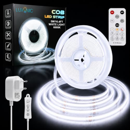 LUXONIC Tira LED COB,5M Blanco Frio 6000K Tira LED CRI90+ Ultrabrillante Flexible,24V Luces LED Habitación Regulable,Tira Luz LED para Decoración Navideña de Cocina Interior