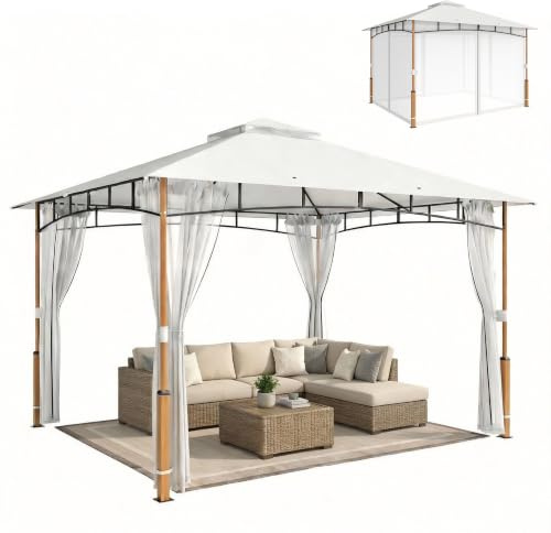 Outsunny Gazebo da Giardino 3x3.6 m Parete Zanzariera Doppio Tetto Crema | Gazebo da Esterno, Fori di Drenaggio, Struttura in Metallo Effetto Legno, per Giardino Terrazzo Feste Patio, UV50+