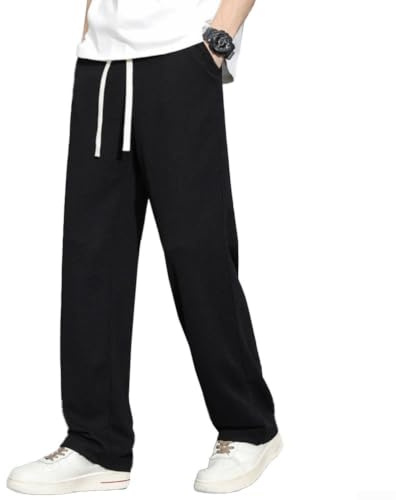Accarugty Herren-Sweathose mit koreanischem Waffelmuster, weites Bein, gerade, lässige Hose mit Kordelzug, für Sportbekleidung, Alltag, vier Jahreszeiten (L schwarz)