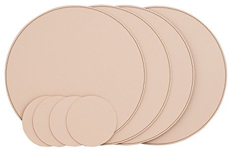 Nikalaz Lot de 4 Set de Table Rond et 4 desous de Verres, Set de Table 28 cm de diamètre et sous-bock 10 cm, Cuir Naturel recyclé (Blanc crème)