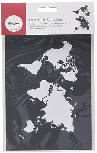 Rayher 45100000 Schablone World Map, Format DIN A5, mit Rakel, Siebdruck-Schablone, Malschablone, selbstklebend, Grau
