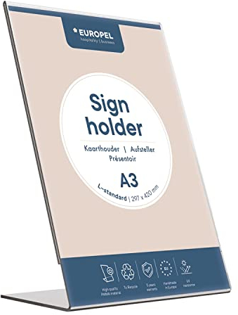EUROPEL A3 Acryl Tischaufsteller - Schräg & Glasklar - L-Form DIN A3 Hochformat - Menükartenhalter und Schilderhalter - Werbeaufsteller - weitere Größen erhältlich, 350127