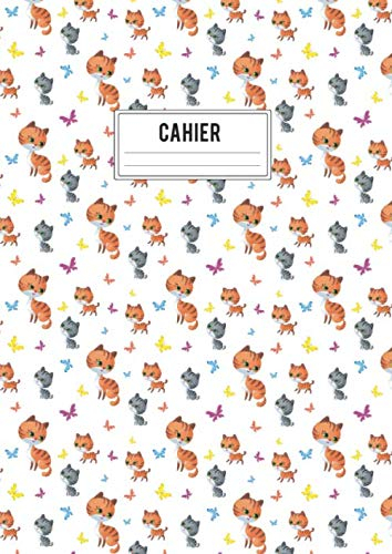 Cahier: Grand format A4 - 120 pages lignées - Motif Chat rouquin, chaton gris, et papillon,, avec fleurs rouges et oranges, sur fond clair.